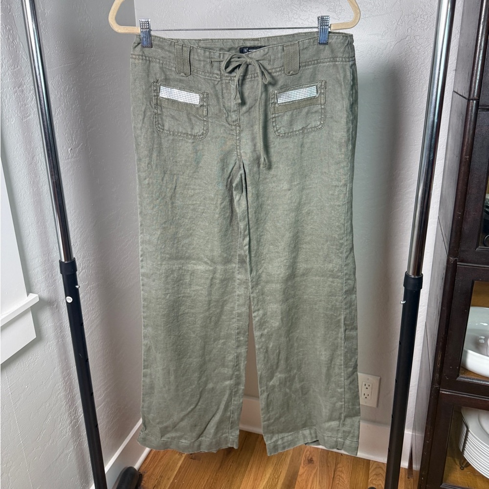 INC International Concepts Olive Green Lagenlook Linen Drawstring Pants Size 4